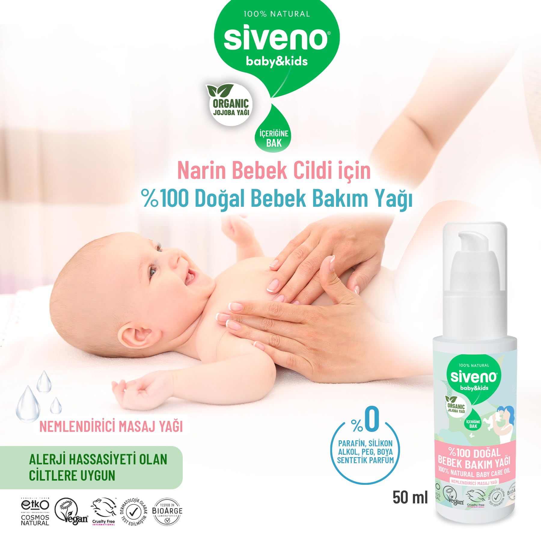 Siveno %100 Doğal Bebek Yağı Organik Jojoba Bakım Masaj Yağı Parafinsiz Bitkisel Vegan 50 ml