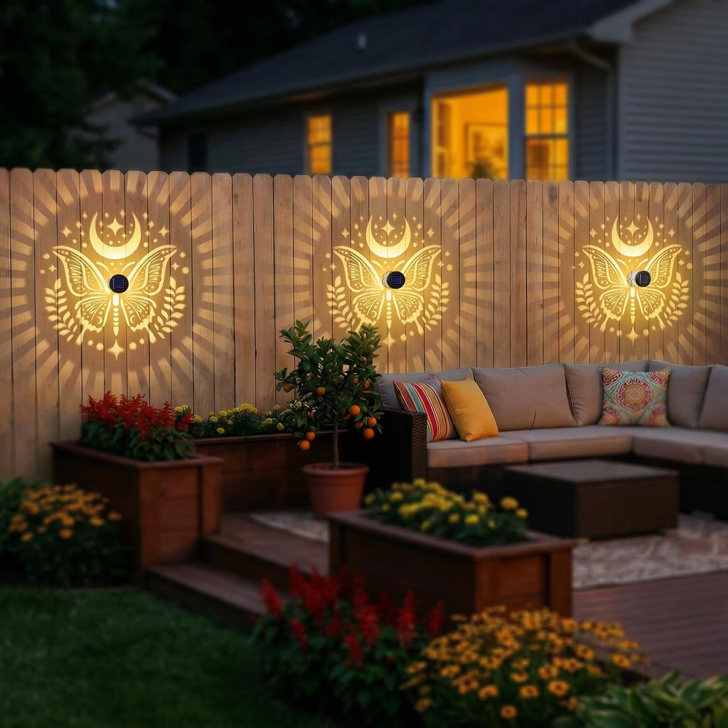 Gardsee Solar Fence Lights Outdoor 2 Pack Deck Step Wall Lights Butterfly Metal Waterproof LED Warm Yellow Light for Garden Post Patio Backyard Yard Decor (Black 1)