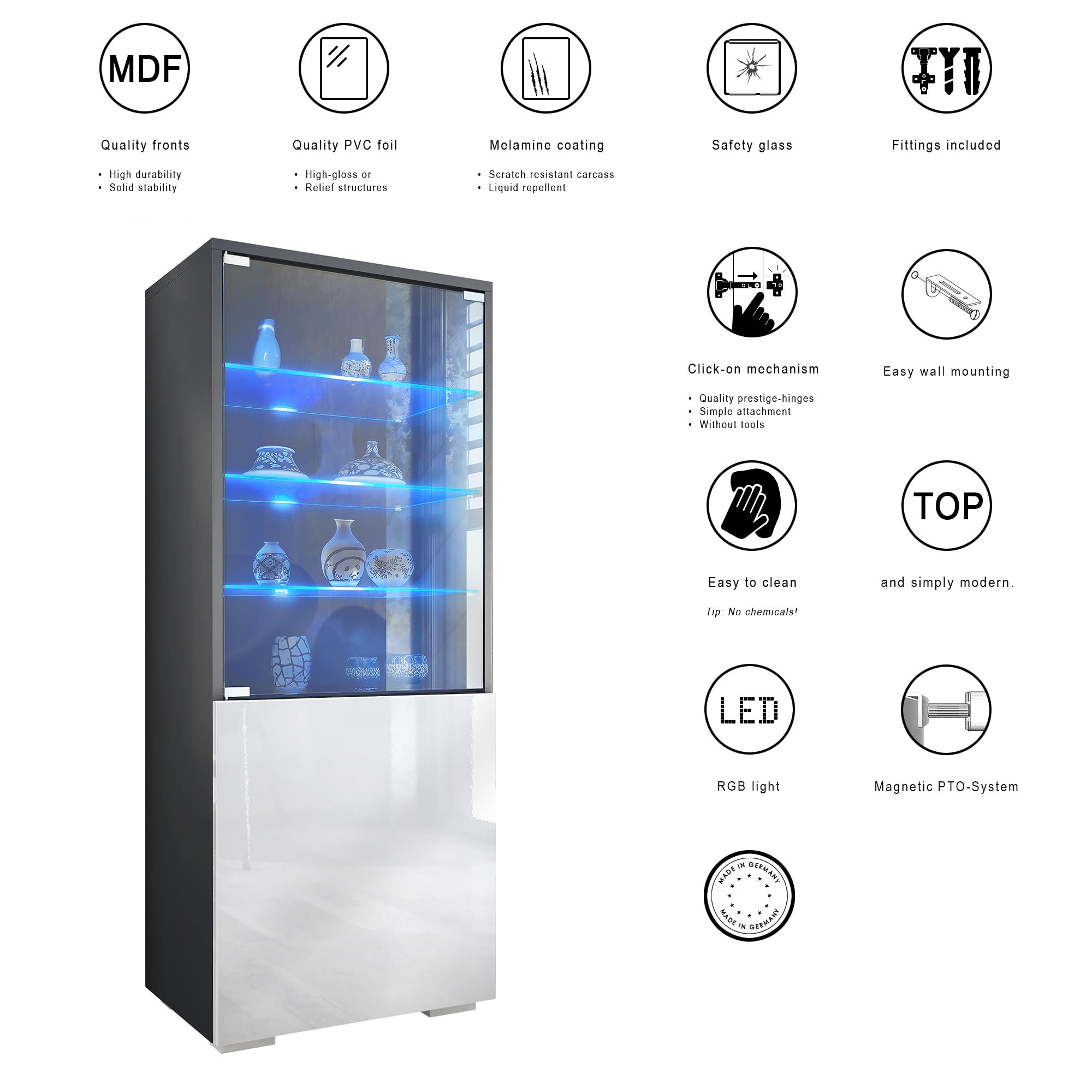 Vitrine Granada, Made in Germany, Vitrinenschrank mit Glastür und Glaseinsatz inkl. LED, Anthrazit matt/Beton Dunkel Optik (50 x 122,5 x 34,5 cm)