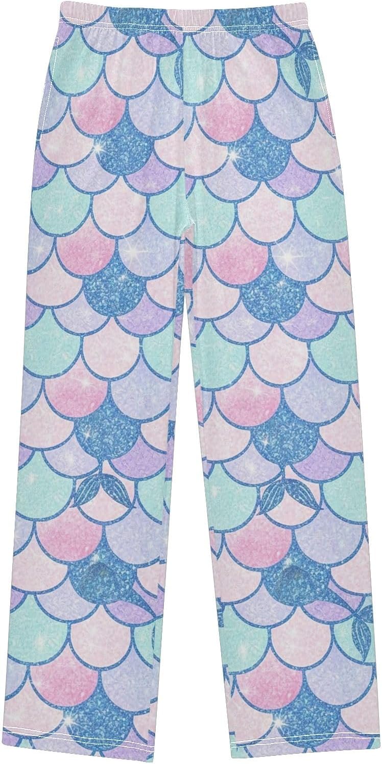 Pastel Mermaid Pink Blue Purple Pajama Pants Cozy Soft Sleepwear with Pockets and Elastic Waist