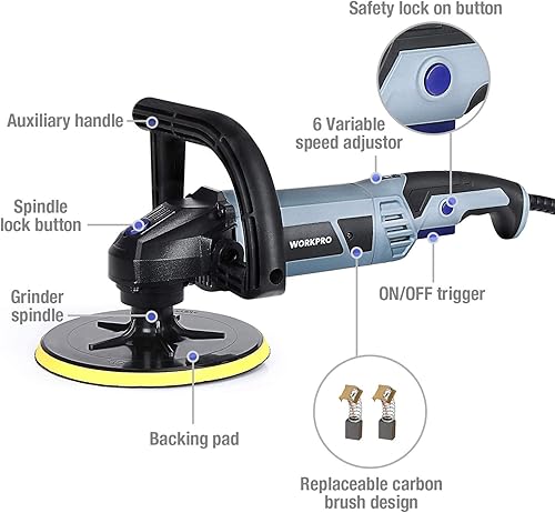 Miniatura 4 de WORKPRO Pulidora de búfer – Cera de 7 pulgadas con 4 almohadillas de pulido y pulido, 6 velocidades variables 1000-3800 RPM, mango desmontable,