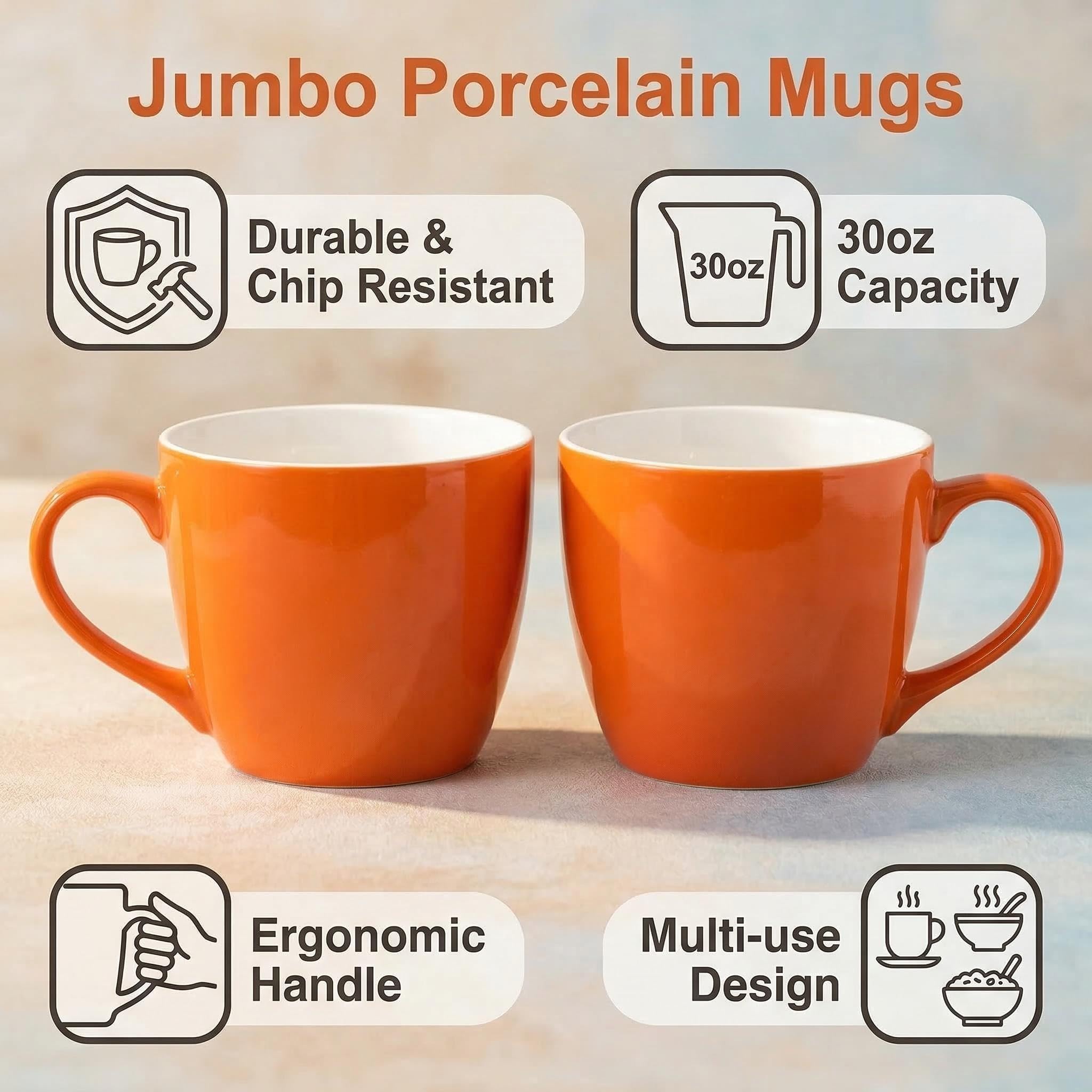 MECOWON Tazas de café de porcelana de 30 onzas, juego de 2 tazas grandes para sopa, cereales y ensalada (naranja)