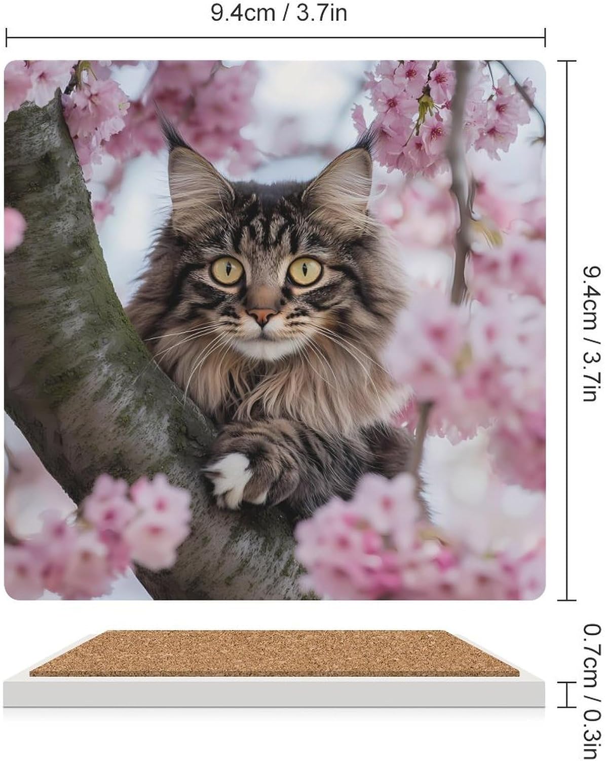 Cat on The Cherry Tree Coasters for Drinks Square Table Coasters Set Cup Mats with Cork Base