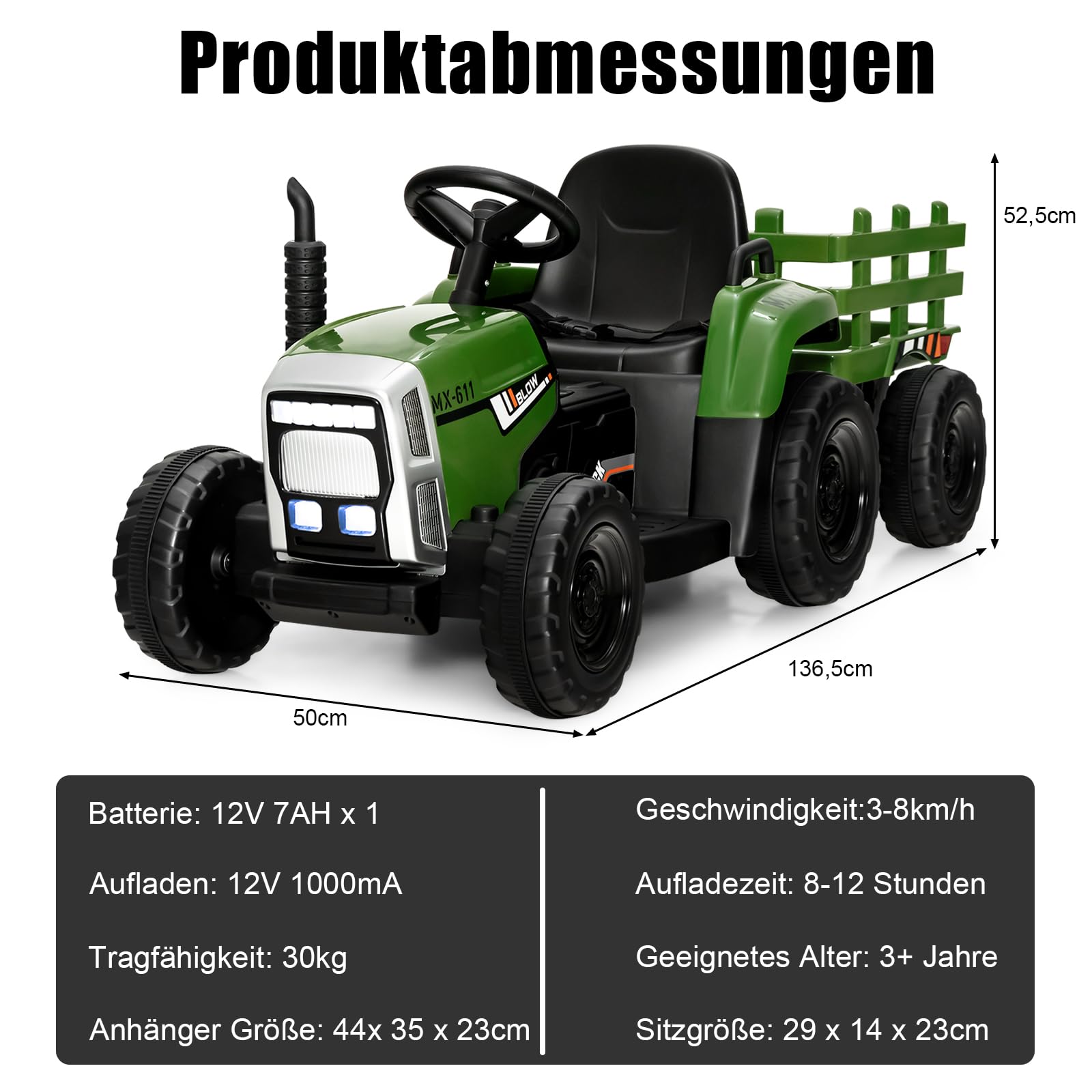 GOPLUS 12V Kinder Elektrischer Traktor mit Anhänger, 3-Gang Elektrofahrzeug mit Fernbedienung, Elektroauto mit LED-Licht & Musik & Bluetooth, 30 kg Belastbarkeit, ab 3 Jahre (Grün)