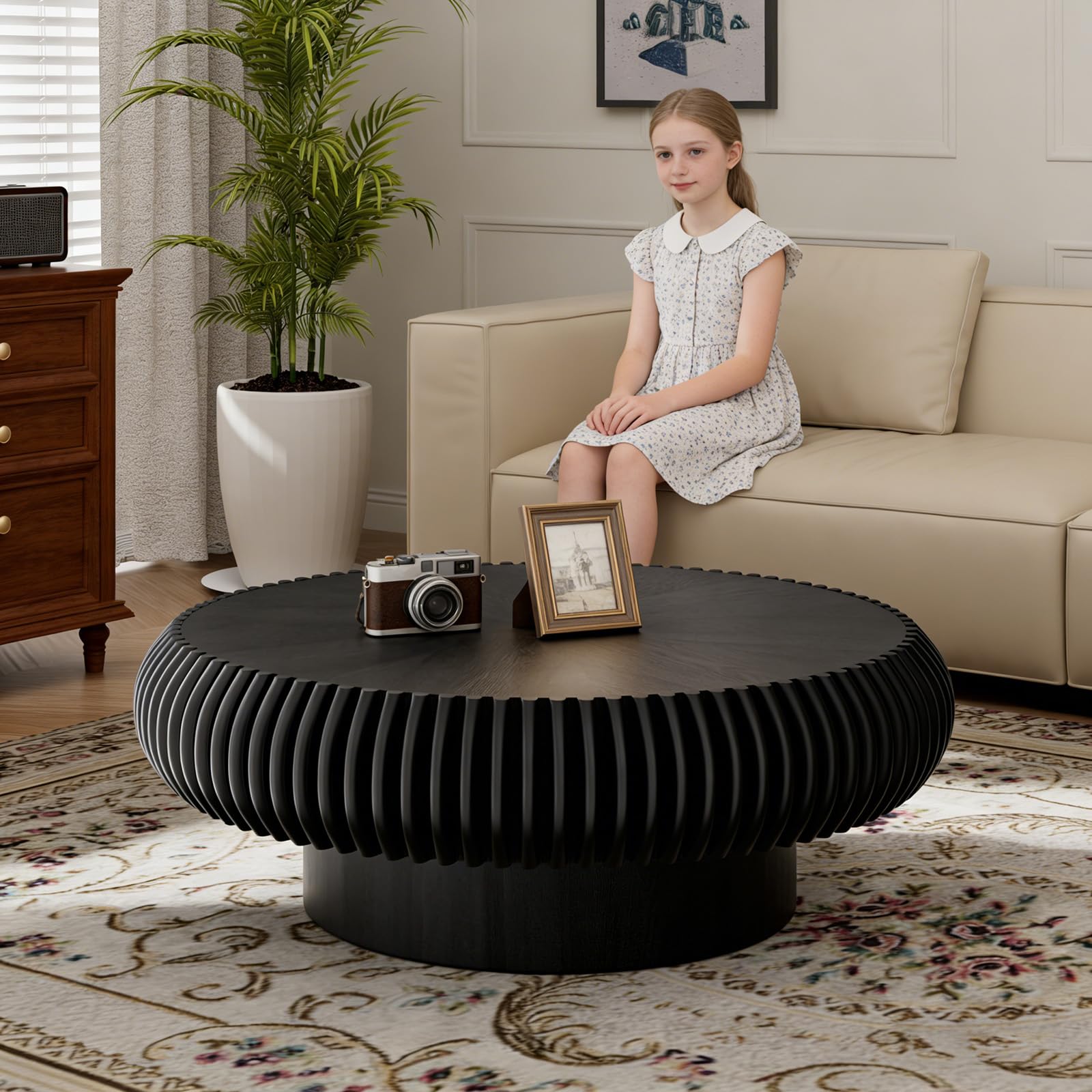 Feizhiyans Bs Modern Wooden Fluted Round Coffee Table,