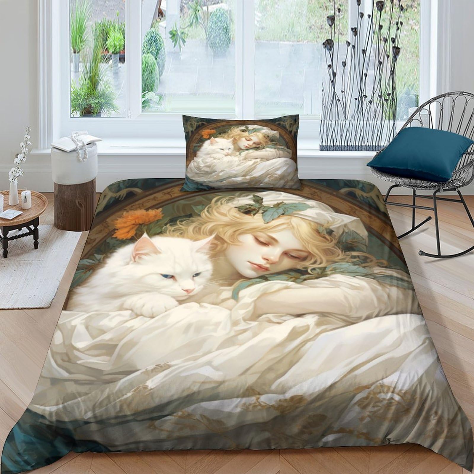 BARDYS Maid And Cat for Teens And Adults Comforter Covers 3D Print Baroque Duvet Cover Quilt Cover with Pillow Cases Soft Microfiber with Zipper Closure Bedding Set 3 Pieces Single（135x200cm）