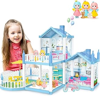 deAO Dollhouse, Dollhouse Toy Set, Blue Villa Doll House with 3 Rooms, 2 Floors, Outdoor Balcony, 3 Doll Figures, 17 Pieces of Furniture and Accessories, Gift for Children Girls, Lovers of the