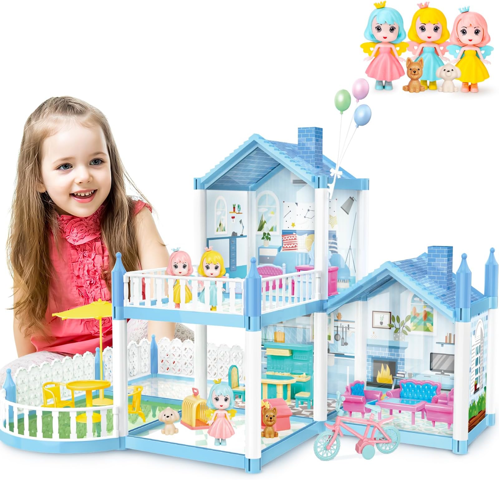 deAO Dollhouse, Dollhouse Toy Set, Blue Villa Doll House with 3 Rooms, 2 Floors, Outdoor Balcony, 3 Doll Figures, 17 Pieces of Furniture and Accessories, Gift for Children Girls, Lovers of the