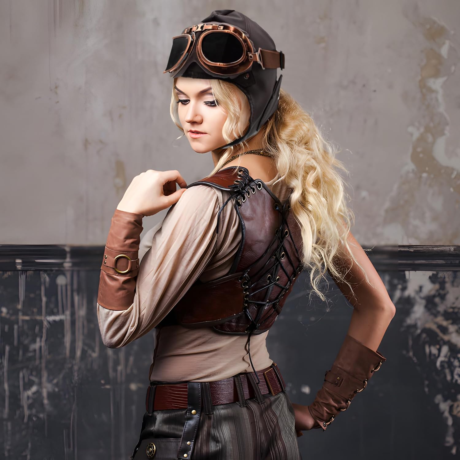 Deluxe Vinyl Retro Pilot Aviator Helmet Kit Flying Hat Goggles and Scarf Costume Set, One Size - Image 6