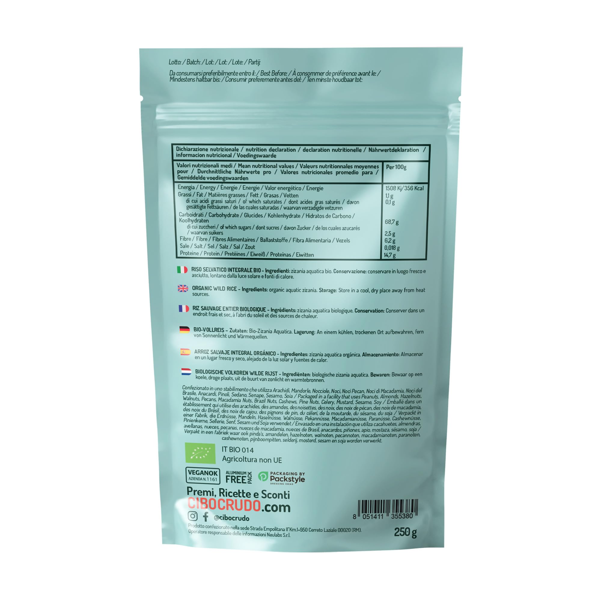 Arroz Salvaje Integral Ecológico - 250g. Zizania Aquatica o Arroz Negro Salvaje.