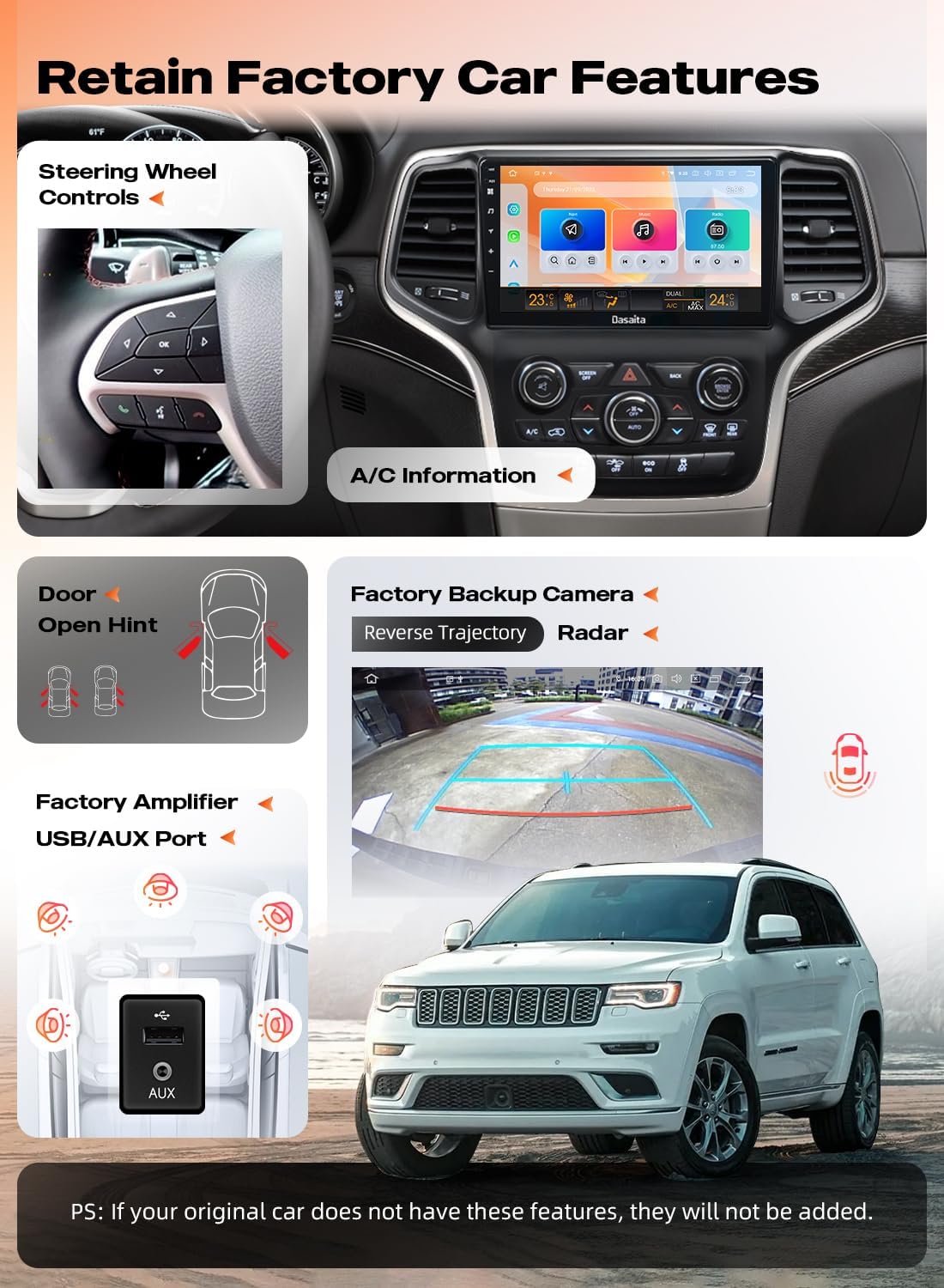 Dasaita Android 13 Car Stereo for Jeep Grand Cherokee 2014-2020, 9 Inch Touchscreen Head Unit with Wireless CarPlay & Android Auto, 6GB RAM 64GB ROM, 4G LTE & 5G WiFi, Plug and Play