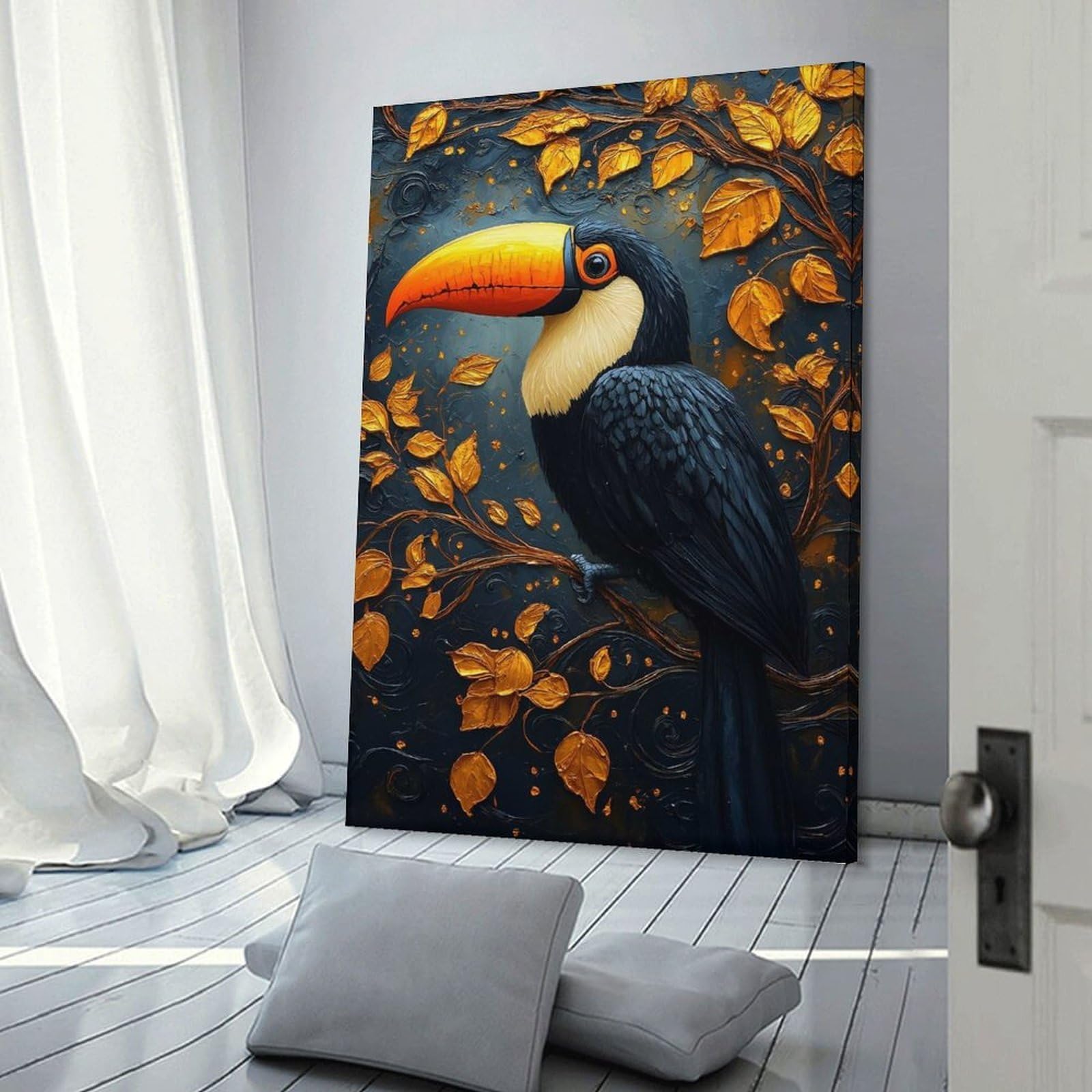 Junmoney Frame-Style-14-1 Wall Art Print Toucan With Golden Leaves, 08X12inch(20X30cm), For Home Lounge, Bedroom Or Reading Nook, Modern Wall Decor For Cosy Interiors