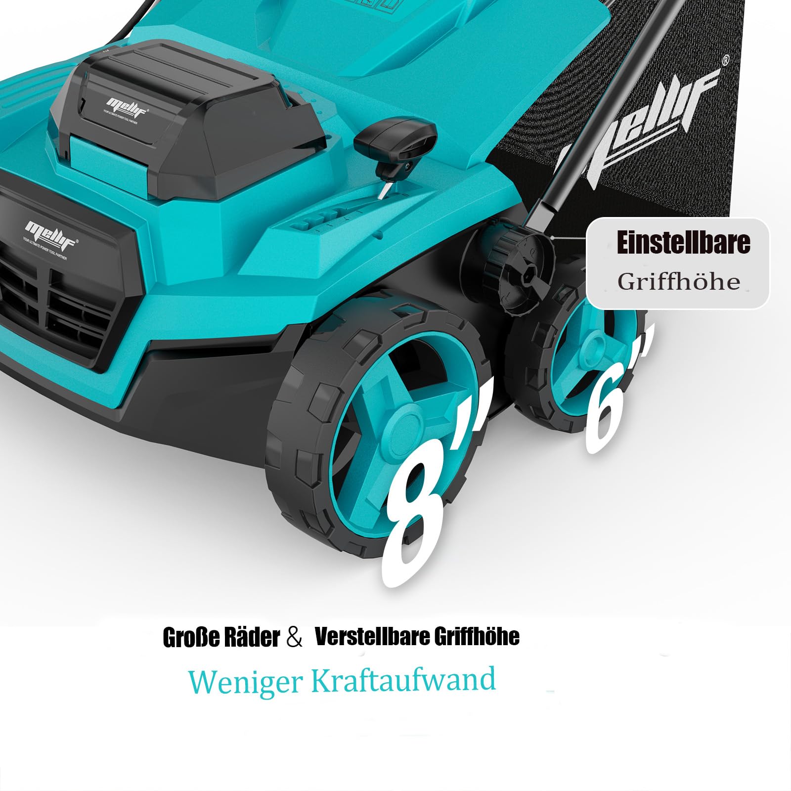 Mellif Akku-Vertikutierer-Lüfter für Makita Akku 18V, 38cm Arbeitsbreite, einstellbare Arbeitstiefe, 45L Fangsack, bürstenloser Motor, klappbar, 2-in-1 Rasenmäher & Lüfter, inkl. Zubehöre (Ohne Akku)