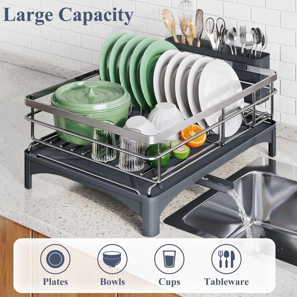 Abtropfgestell Geschirr 304 Edelstahl mit Abtropfschale – Großer Geschirrständer für Teller Besteck Küchenorganizer Schwarz 42x30cm(A)
