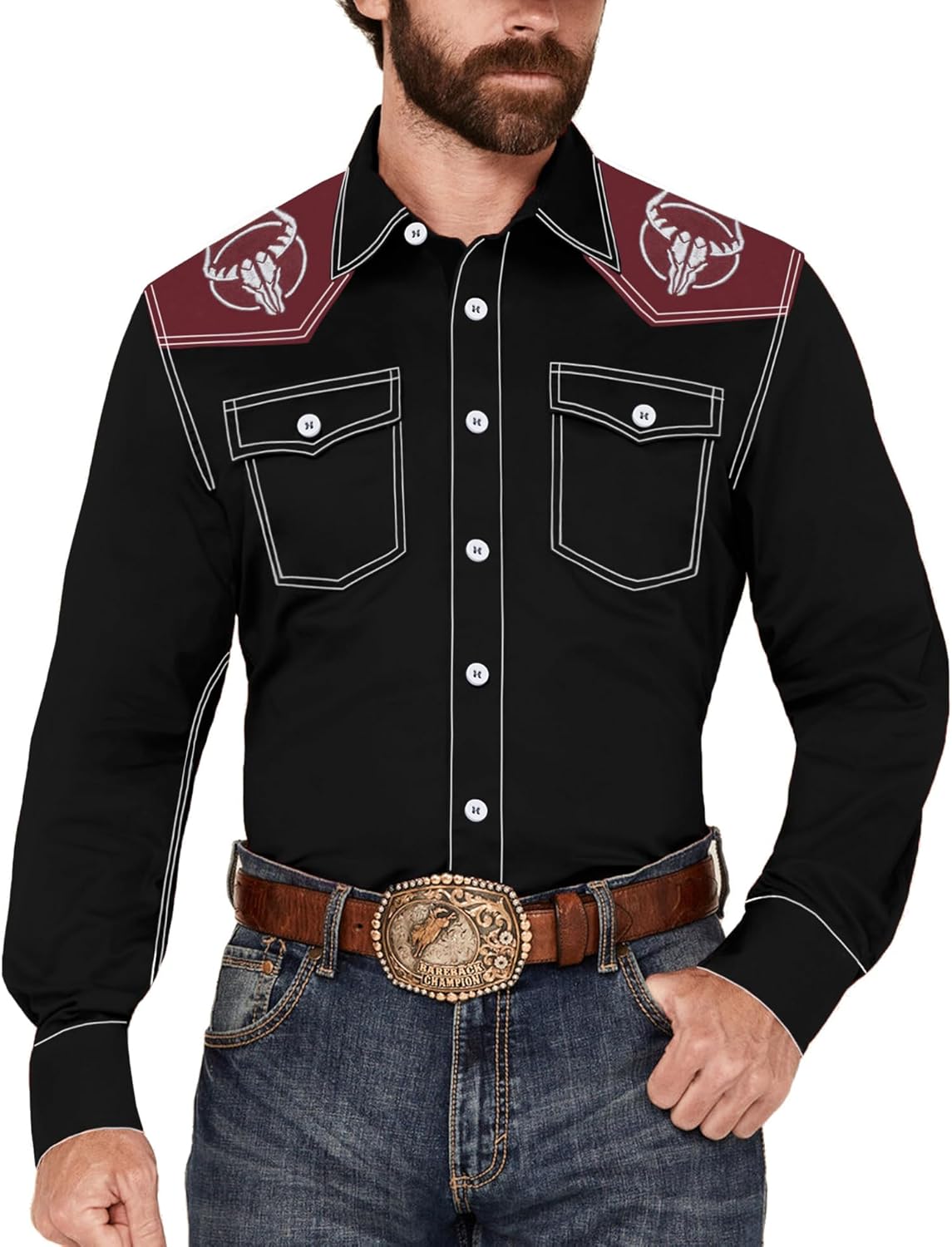 Men's Western Cowboy Shirt Long Sleeve Embroidered Casual Button Down Shirt