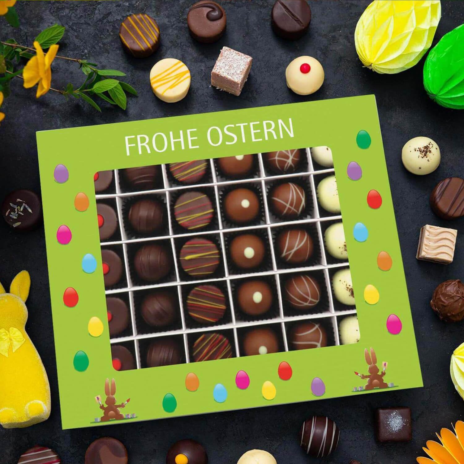 Hallingers Genuss Manufaktur Pralinen Oster-Geschenk - mit & ohne Alkohol, handmade aus Confiserie-Edelkakao in wertiger XXL-Geschenkbox ""Frohe Ostern grün"", Ostern Körbchen für Frauen Männer