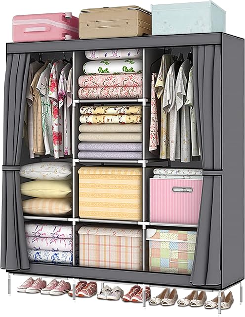LOEFME Large Fabric Canvas Wardrobe for Bedroom Furniture Portable Grey Cupboard Clothes Storage Organiser with 2 Hanging Rail 130cm X 45cm X 175cm
