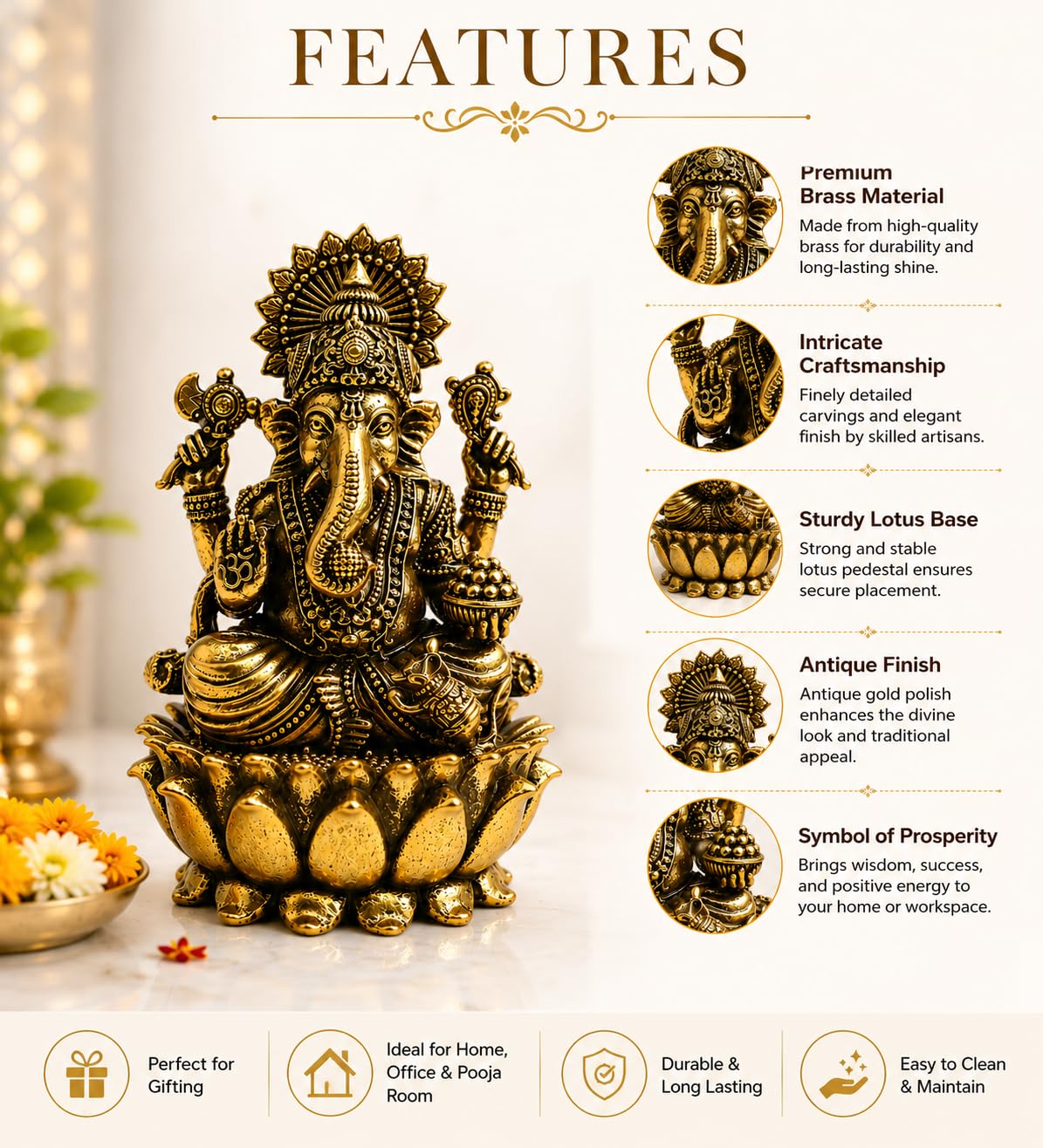 Blessora Craft Pure Brass Ganesha Idols for Gifts | Small Ganpati Idol for Home Decor Pooja Room| Ganesha Murti for Office Table | Vastu Ganesha for Entrance Home Door (8 cm) 3