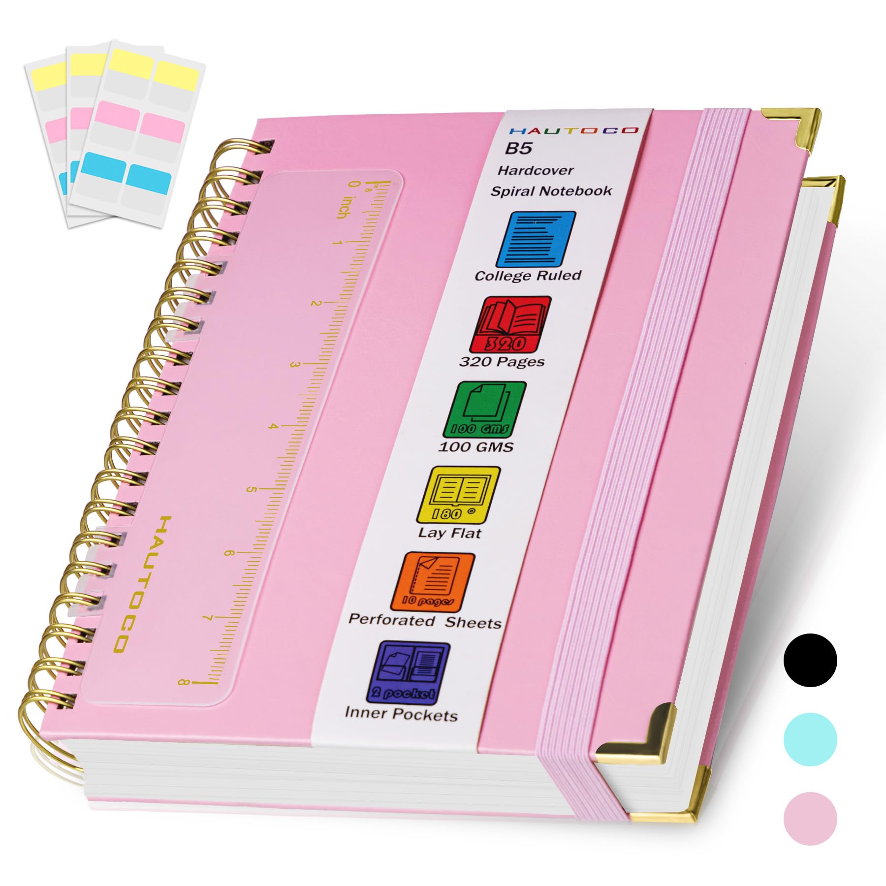 HAUTOCO Spiral Notebook, B5 Pink Hardcover Leather Notebooks, College Ruled Notebook with 320 Pages, 100 GSM Paper, 7"x 9.7" Lined Journaling Notebooks for Girls Women Work School Office
