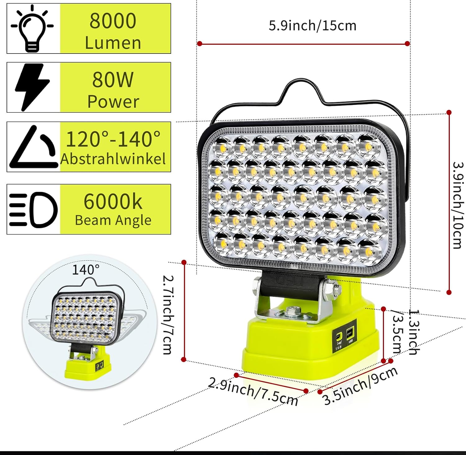 Work Light for Ryobi 18V Battery,84W 8000LM Portable Cordless Floodlight with USB&Type C Charging Port for Emergency Lighting,LED Spotlight for Camping,Fishing,Workshop