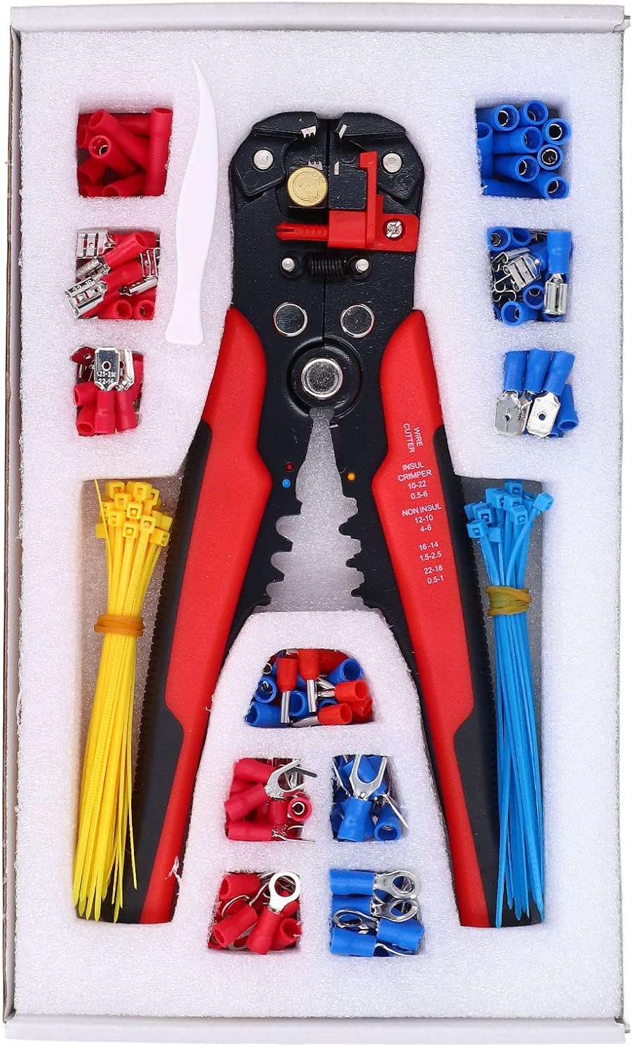 Wire Stripper and Crimping Tool Set with Insulated Terminals - 10-22 AWG Manual Hardware for Copper and Aluminum Wire - Includes Stainless Steel Stripping Blade, Tweezers, and