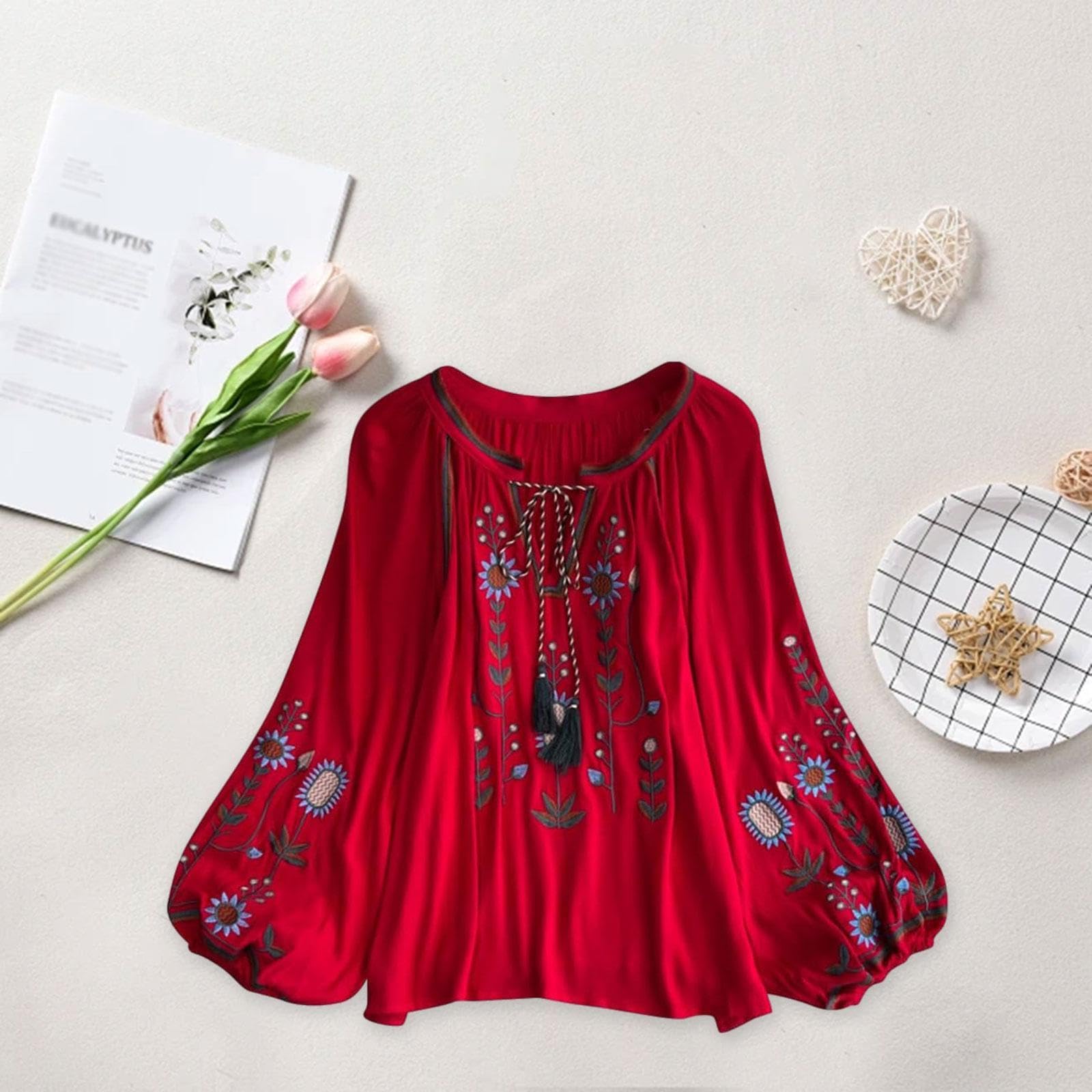 Camicetta Ricamata Da Donna con Scollo a V, Casual E con Nappine, Stile