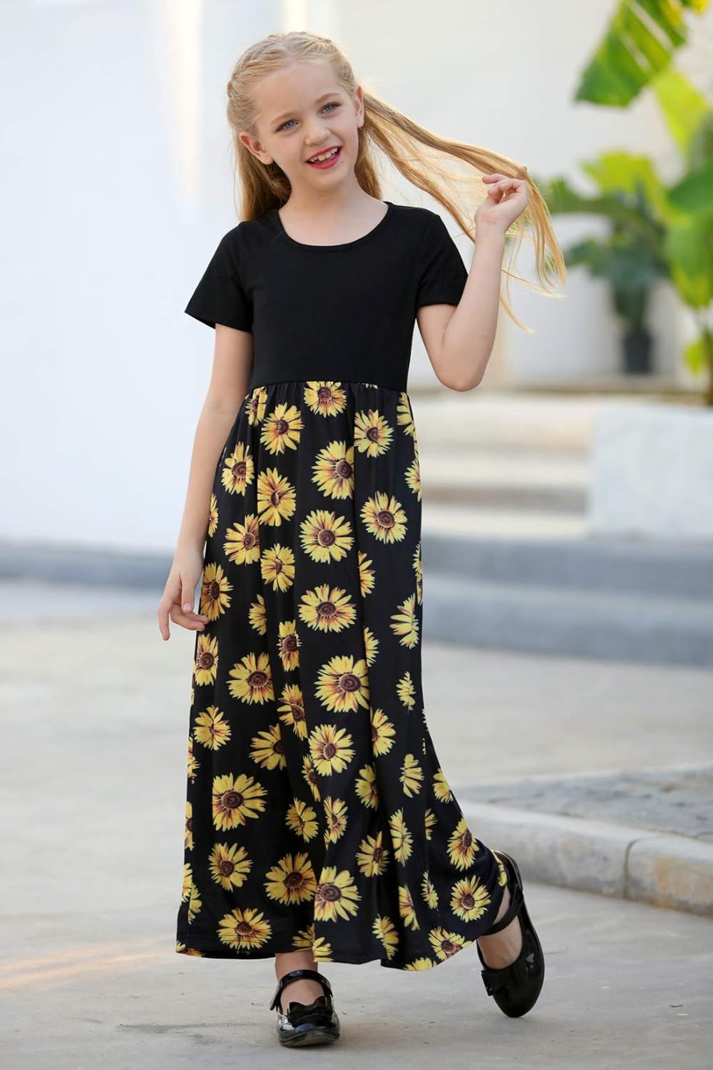 GORLYA Girl's Short Sleeve Patchwork Floral Print Loose Casual Long Maxi Dress with Pockets for 4-12 Years Kids - Image 4