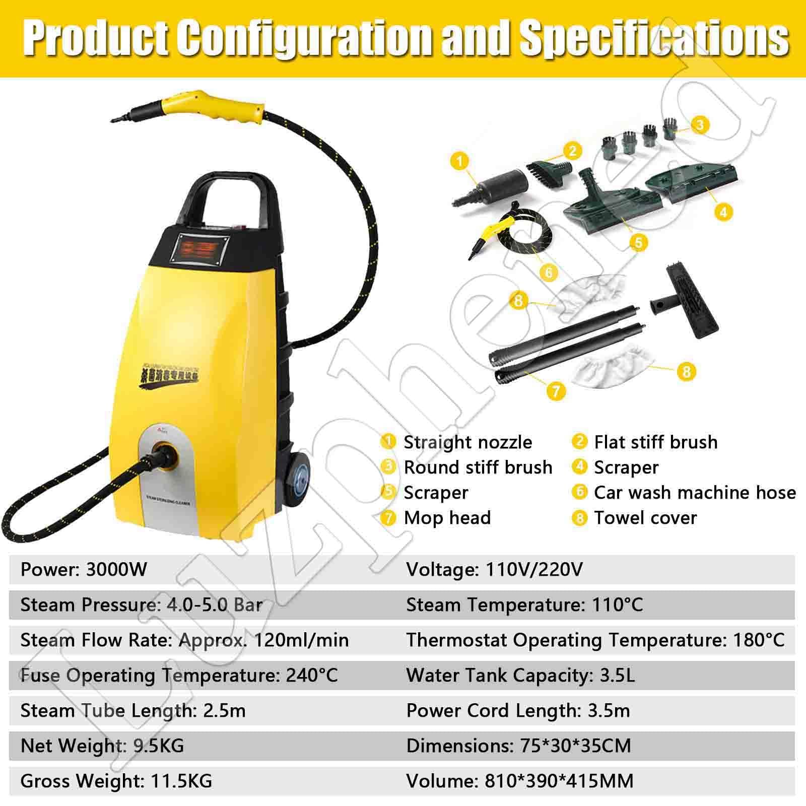 Hidrolimpiadora de Vapor de Alta presión de 3000 W, portátil y de Mano, para el hogar, el Auto, la Campana extractora y el Aire Acondicionado, con Tanque de Agua de 3.5 L Yellow