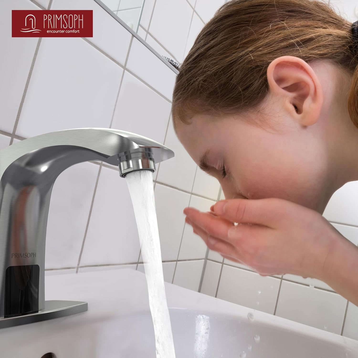 PRIMSOPH Automatic Motion Sensor Hands Free Electronic Infrared Smart Commercial Touchless Bathroom Sink Faucet with Cover Plate Temperature Mixer Battery or Plug-in Powered Chrome