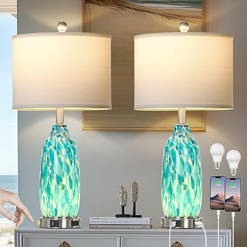 Juego de 2 lámparas de mesa de cristal verde pavo real de 26 pulgadas, lámparas de noche náuticas costeras con puertos USB y salida de CA, lamparas