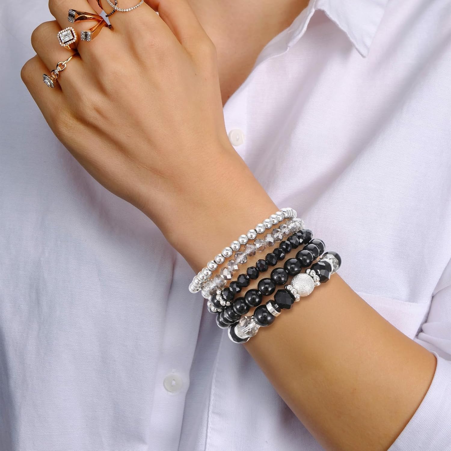 Beaded Stretch Bracelet 5Pcs Stackable Bracelets Silver Crystal Beads Bracelets Trendy Stretch Boho Beaded Layering Crystal Stone Bracelet Costume Jewelry Mothers Day Gifts for Women - Image 5
