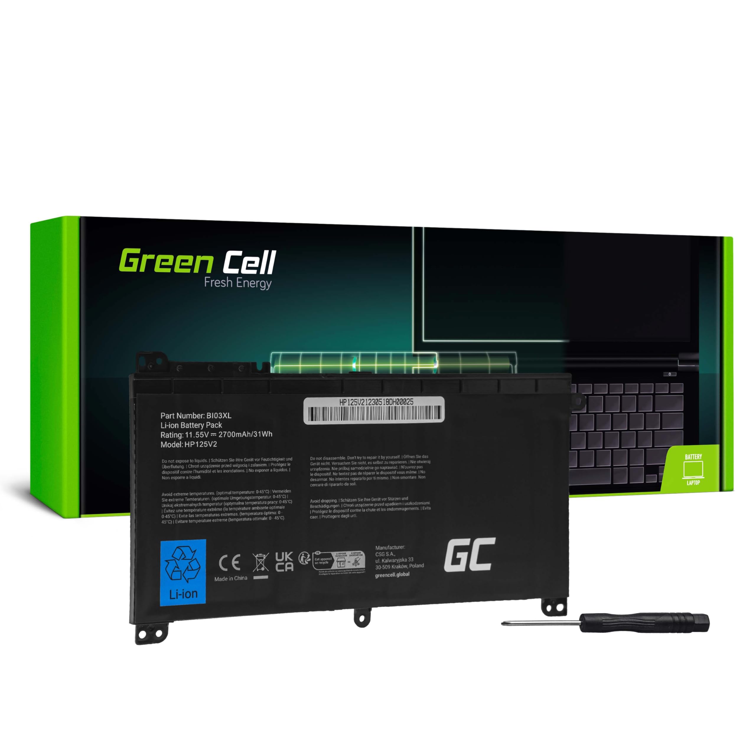 Green Cell 0N03XL 1LT72ES 843537-421 843537-541 844203-850 844203-855 B103XL BI03 BI03041XL BI03041XL-PR BI03XL HSN-I08C HSTNN-LB7P HSTNN-UB6W Batteria per HP Portatile (2700mAh 11.55V Nero)
