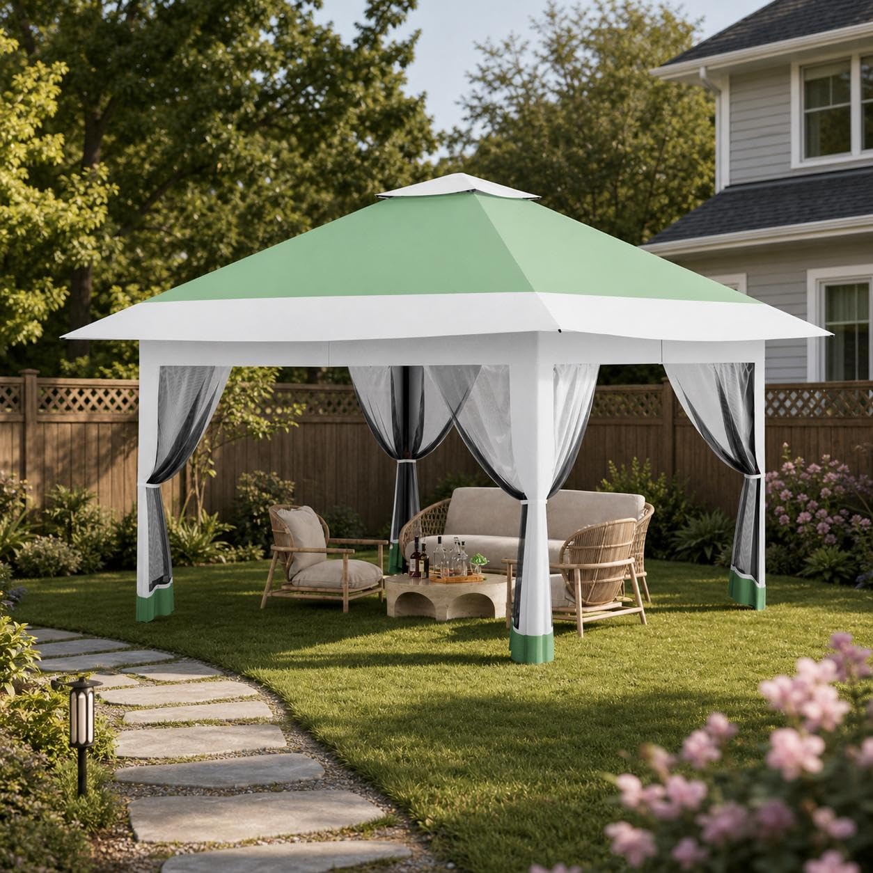 4m x 4m Heavy Duty Pop Up Gazebo, Waterproof Garden Marquee Canopy with 4 Mesh Sides, Instant Outdoor Shelter with Powder-Coated Metal Frame for Patio, Parties, Weddings & Garden Events