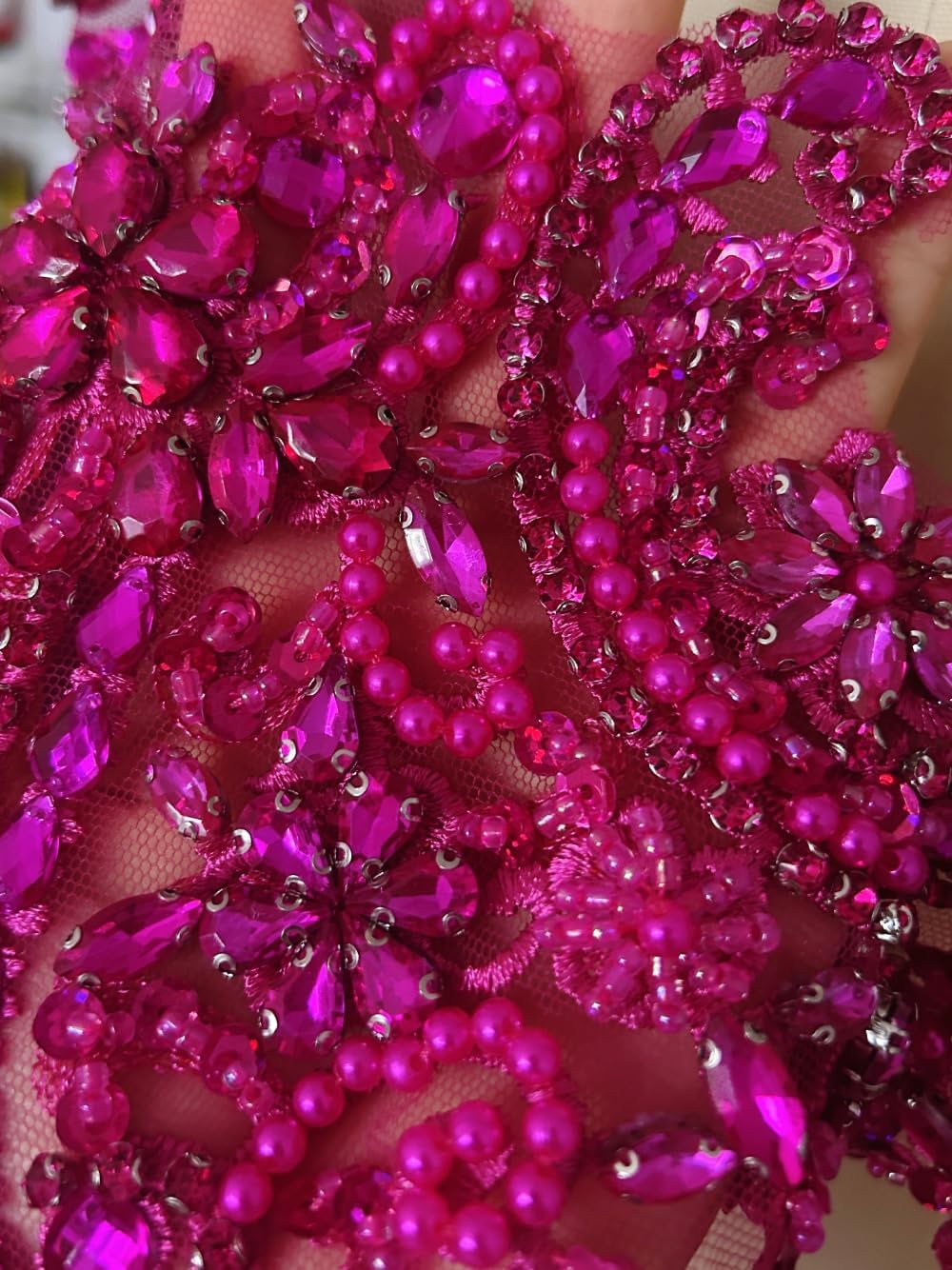 Handmade Rhinestones Lace Appliques Sew on Glass Beads Bodice Trim Patches Accessory for Dress Clothes (Rose Red)