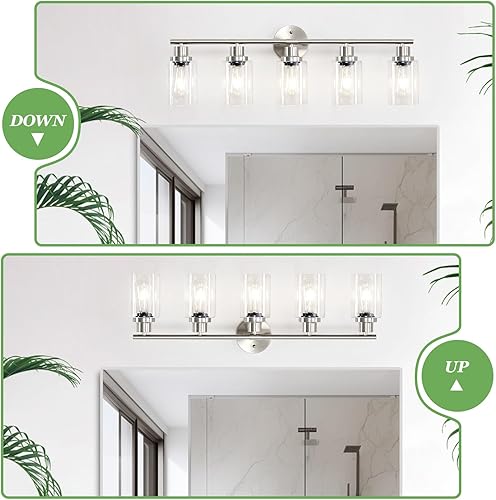 Miniatura 4 de Luces de tocador de baño de 5 luces, E26 modernas lámparas de baño de níquel cepillado con pantalla de vidrio transparente, espejo, cocina, pasillo,