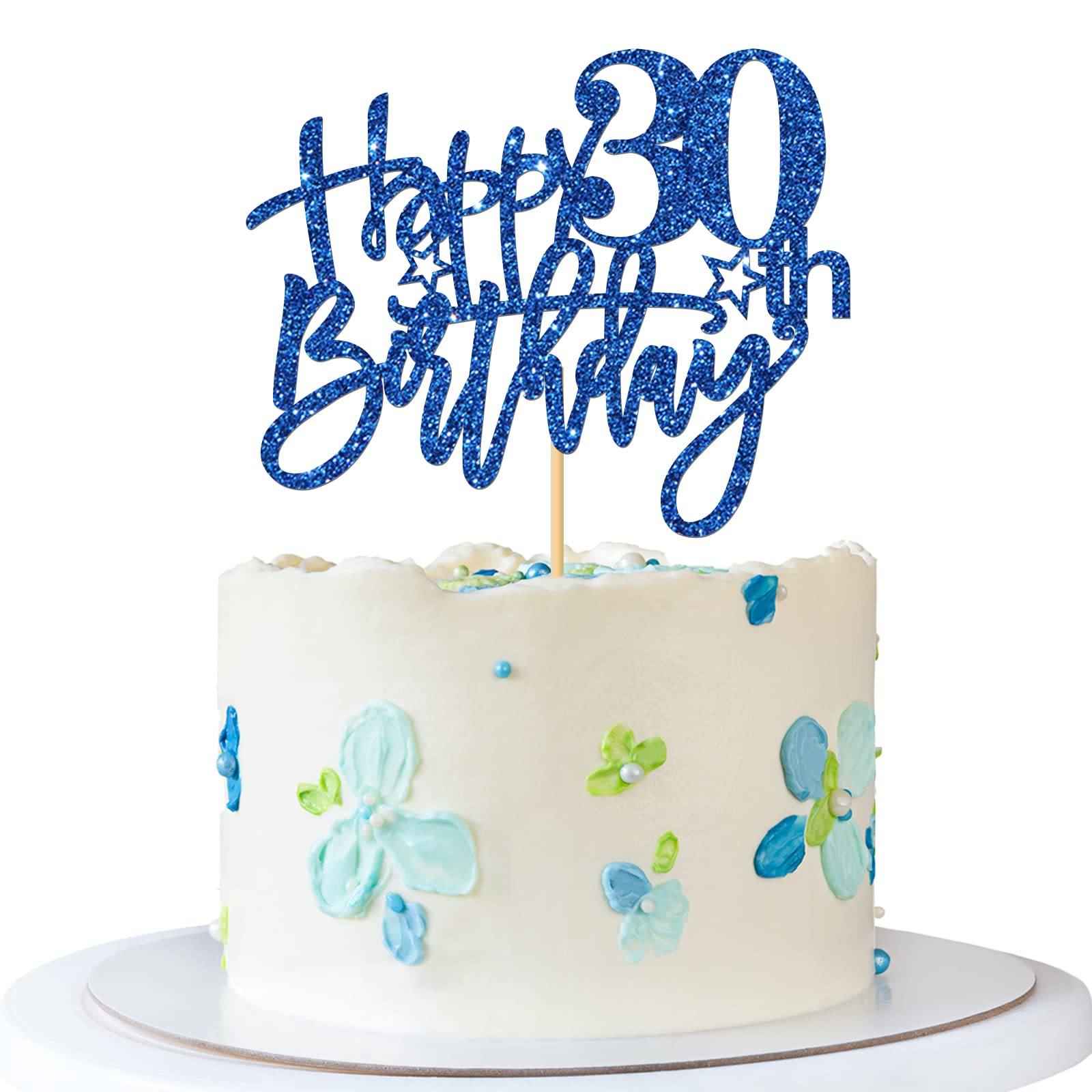 RoadSea Happy 30th Birthday Cake Topper - Adult Girl Boy 30 Years Old Birthday Cake Supplies - 30th Birthday Party Decorations - Blue Glitter (30th)