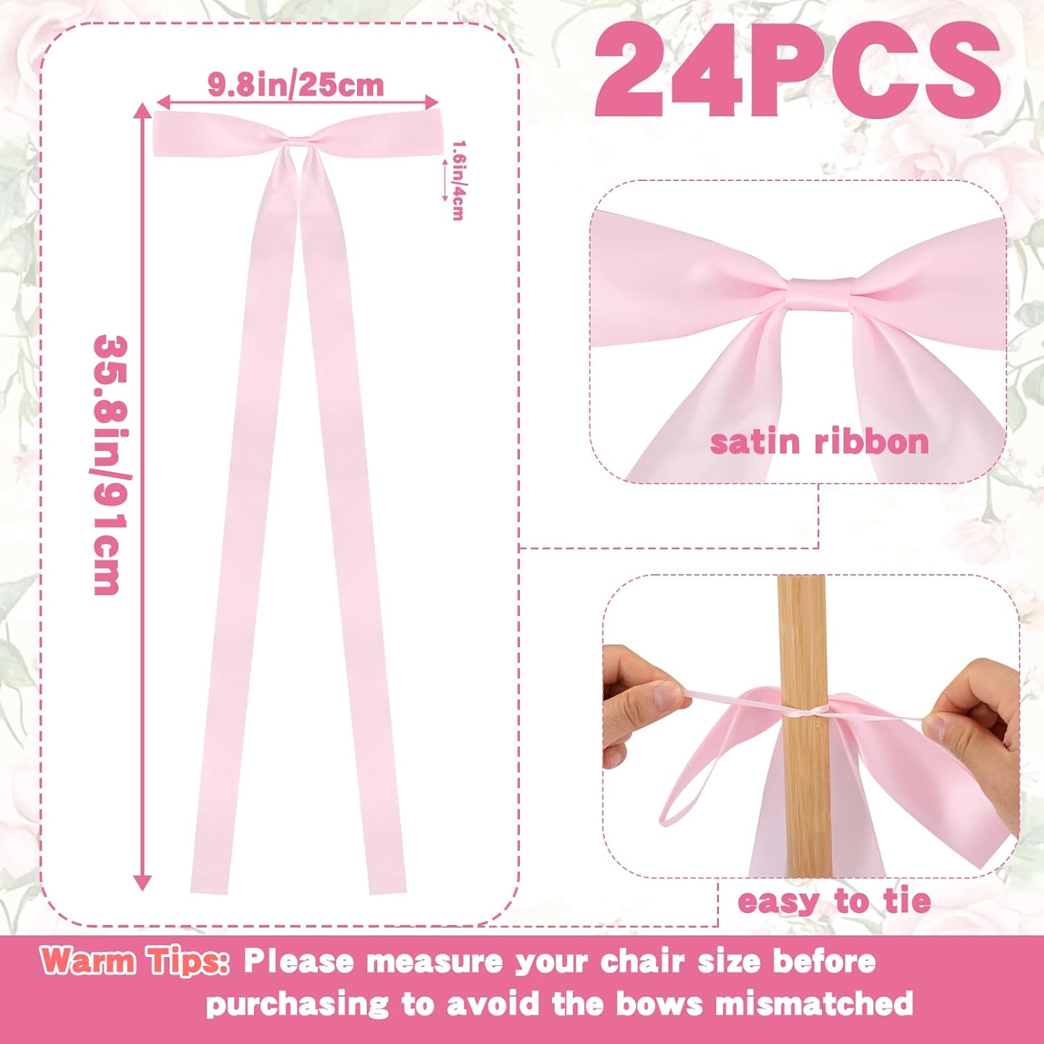 24 Pcs Large Wedding Aisle Ribbon Bows with Long Tails -10 x 35.8 Inch Ceremony Pew Ribbon Bows Decorations for Wedding Bridal Shower Reception Church Bench, Pink