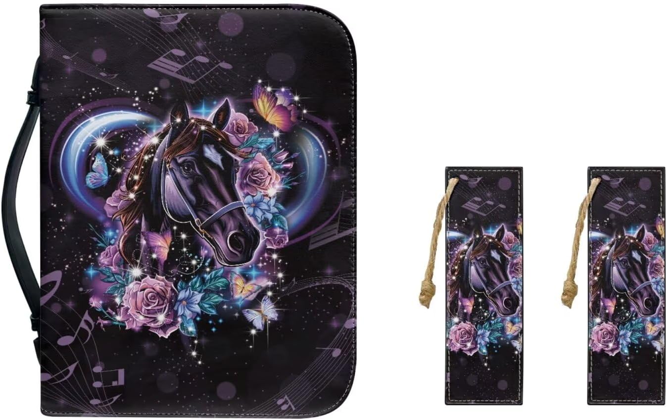 Bible Organizer Case with Bookmark Horse Flower Music Bible Cover for Women Men Leather Multi-Functional Scripture Bag for Church Office Travel Bible Accessories