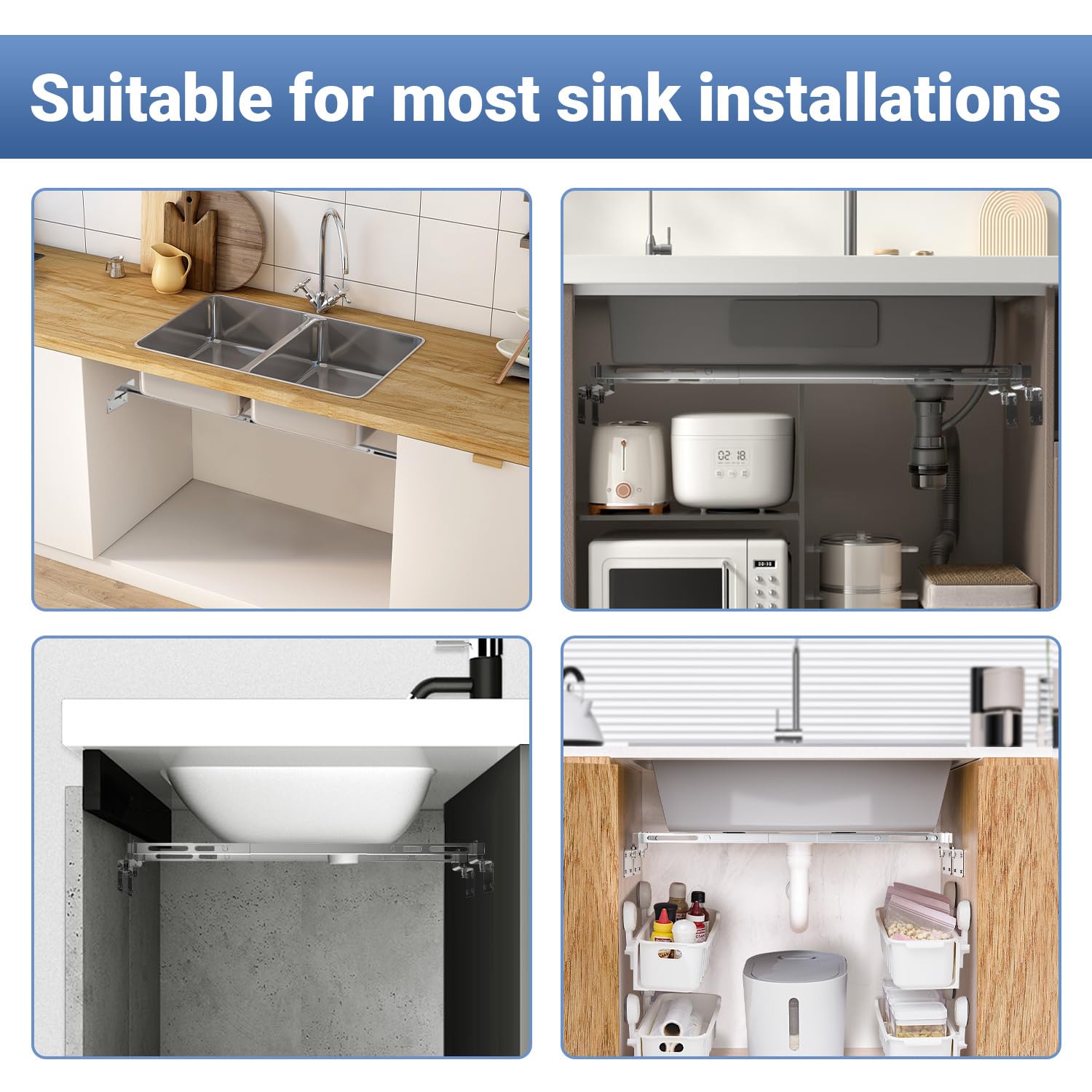 Soporte para fregadero de cocina de 51 a 31.5 in / 80 cm, barra de acero inoxidable ajustable y resistente, kit de fregaderos para cocina, baño, 2 paquetes