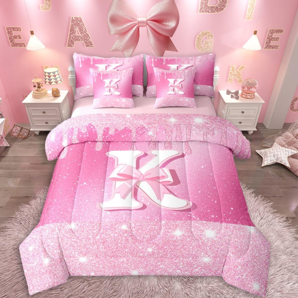 Feelyou Pink Bow Comforter Set with Sheets 7 Piece Queen Size Initials Decor Bedding Set Gifts for Women Girl Personalized Letter K Bed in a Bag Monogrammed Room Decor Glitter Diamond Lightweight