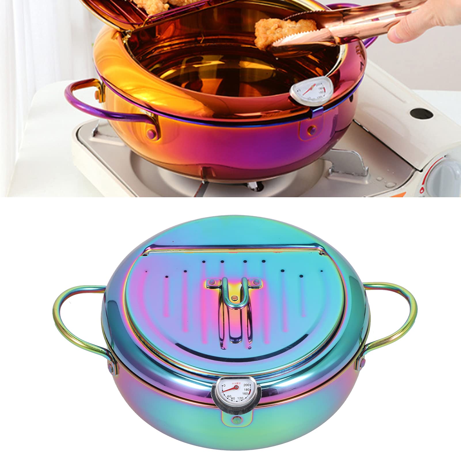 Marmite à Friteuse en Acier Inoxydable avec Thermomètre pour la Cuisine, Accessoire de Batterie de Cuisine Antiadhésif de 3,2 L (Bleu)