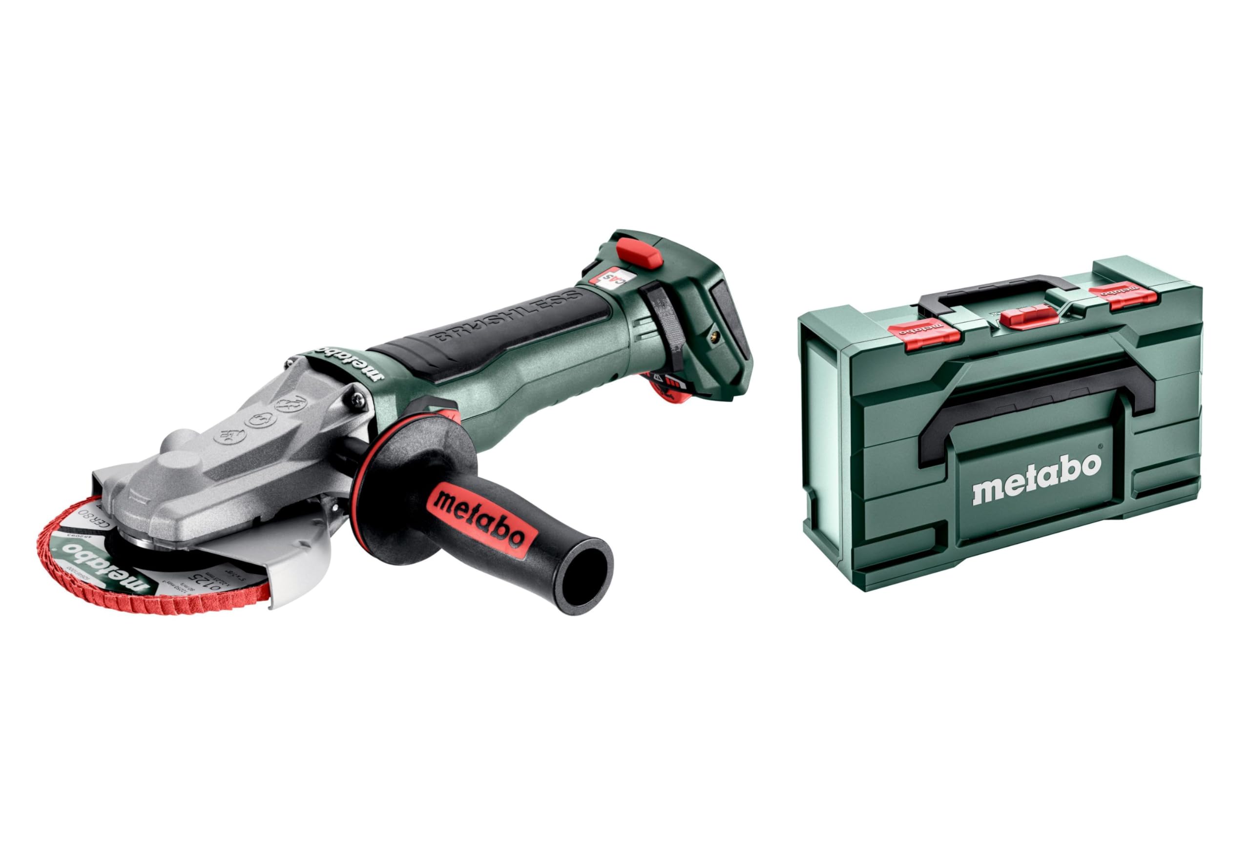 Metabo WVBF 18 LT BL 11-125 Quick akumulatorowa szlifierka kątowa z płaską głowicą – w zestawie MetaBOX 165 l (napięcie akumulatora 18 V, średnica tarczy 125 mm, waga 1,9 kg) 601307840