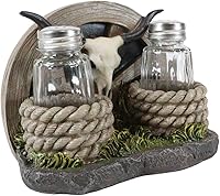 Vista 9 de Ebros Gift Rústica rueda de vagón occidental con cuerdas en espiral, calavera de vaca de cuerno largo, juego de agitadores de cristal de sal
