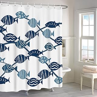 Shower Curtain Fish Blue Ocean Polyester Waterproof Shower Curtain Set for Summer Bathroom Decor with 12 Hooks,72x72 inches - Buy now