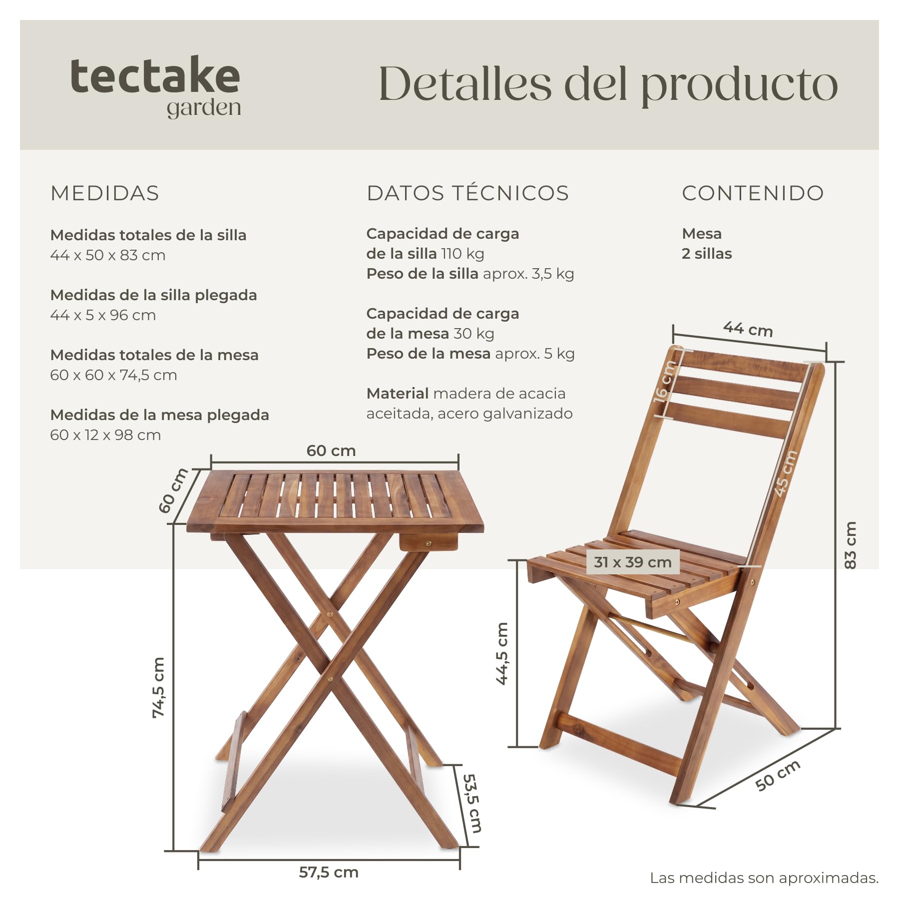 tectake® Set de Bistró de Mesa Plegable y Sillas Jardin para 2 Personas, Conjunto Jardin Exterior, Resistente a la Intemperie, Sillas Plegables, Mesa Terraza Exterior, Muebles, Balcon - Marrón