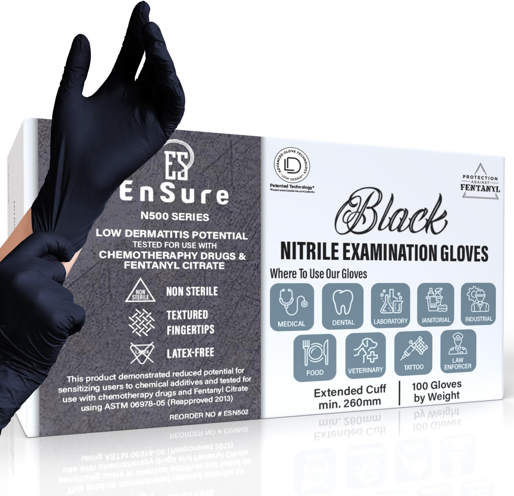 EnSure Low Derma Gray Black Powder Free Nitrile Exam Gloves, Extended Cuff