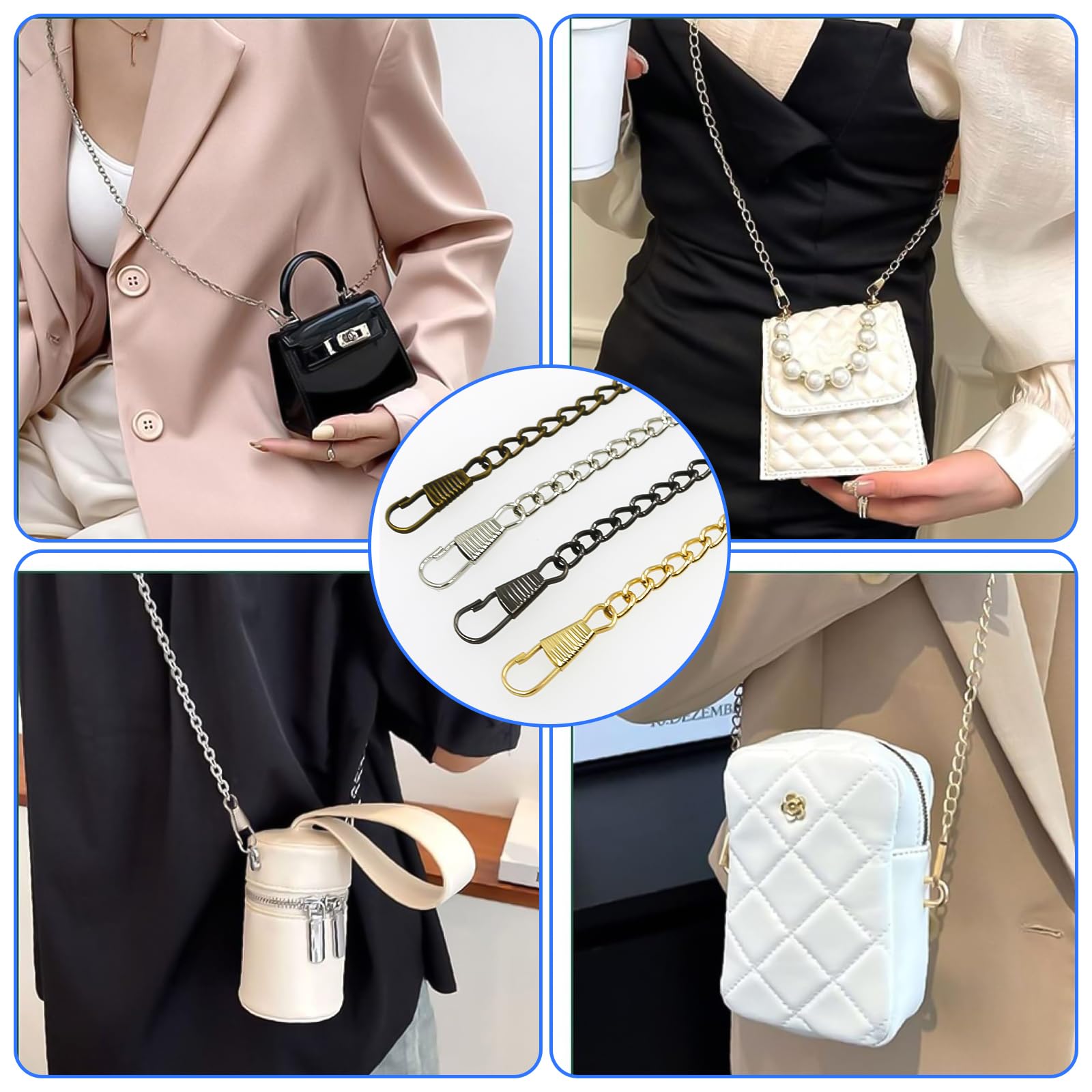 8 Chaînes De Remplacement Pour Sac à Main - Longueurs 40/60/80/120 Cm, En Métal Argenté Et Doré, Boucles Pivotantes