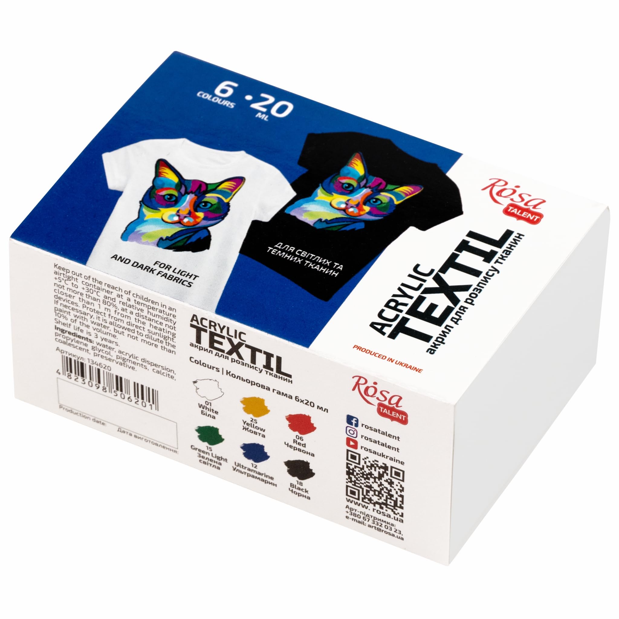 ROSA TALENT Set of 6 Acrylic Paints for Textile - 20ml/0.68oz Bottles, Vibrant Colors