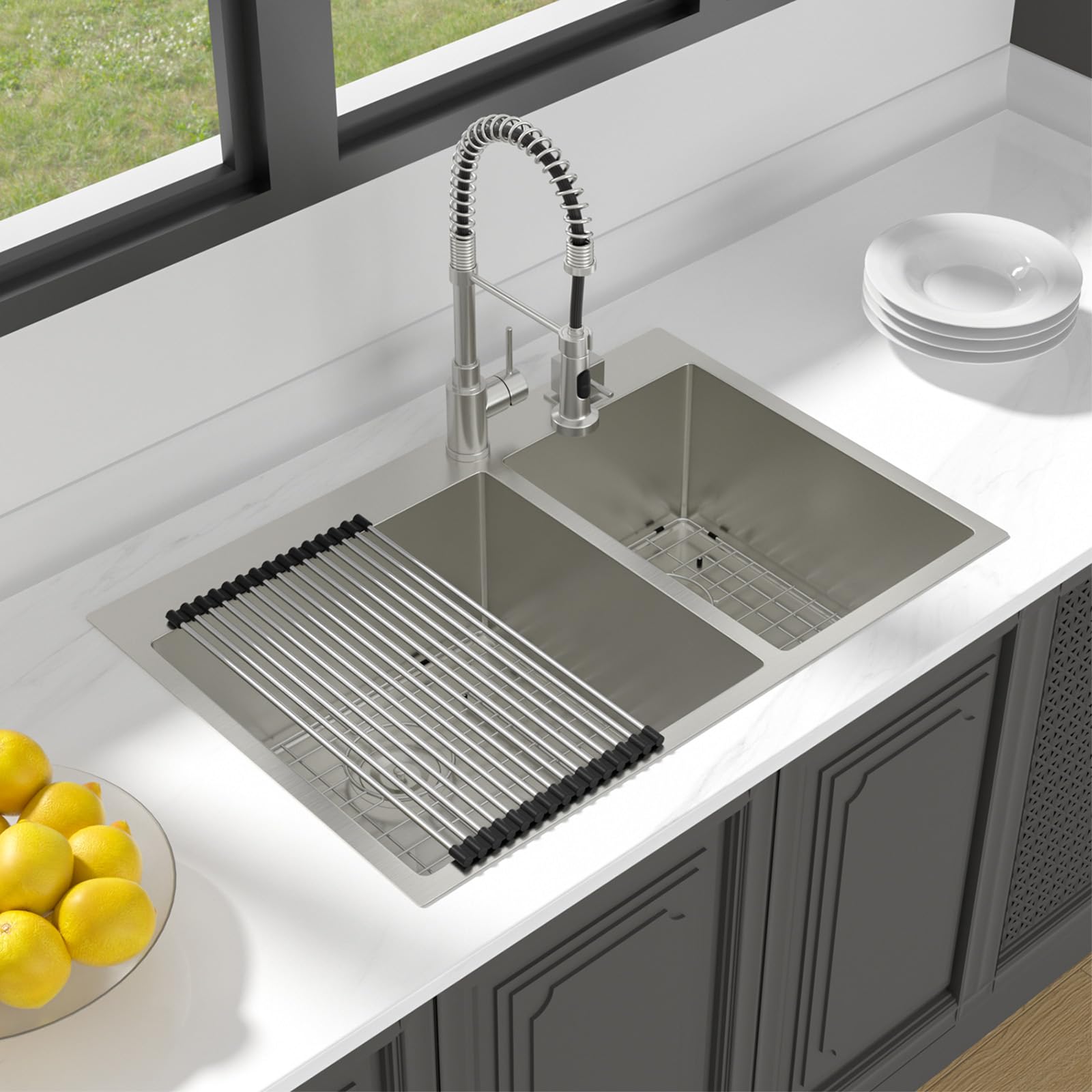 Lanxlic 33x22 Drop In Workstation Double Bowl Kitchen Sink 50/50 - View #6