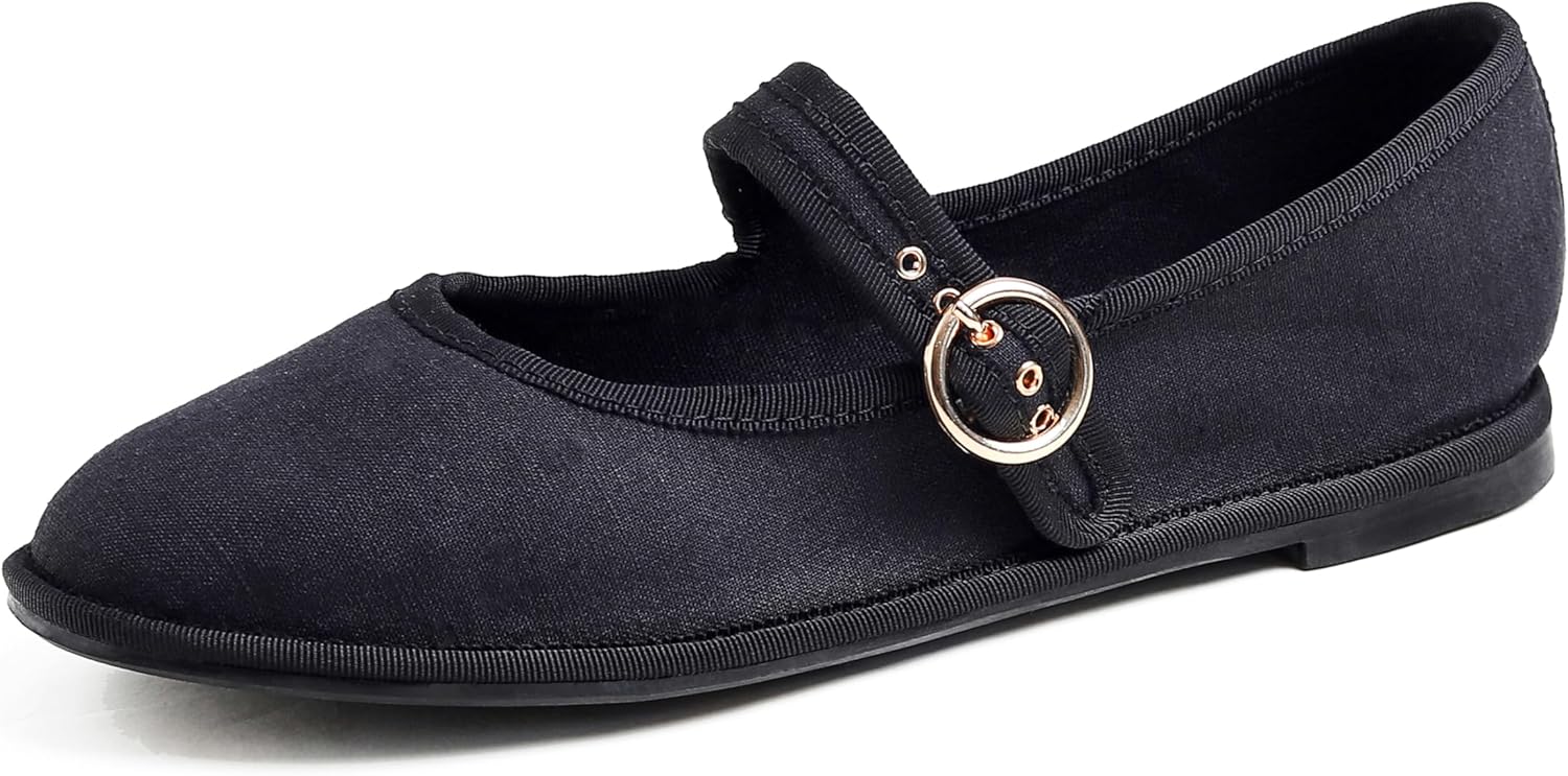 All Black Canvas Mary Jane With Round Buckle